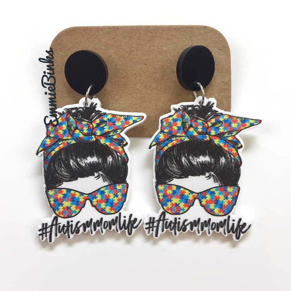 ✨3for$38mixMatch New Autism Mom Life Messy Bun Puzzle Piece Drop Dangle Earrings